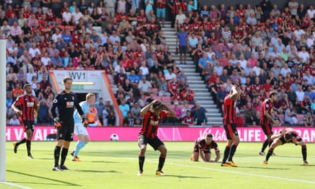 The Bournemouth players react after Raheem Sterling’s 97th-minute winner in August.