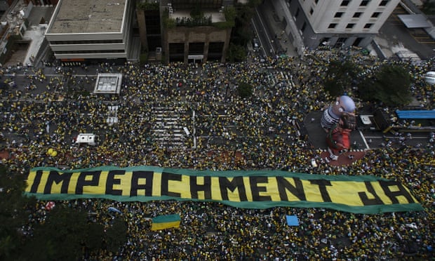Demonstrators take part in a protest to demand the resignation of Brazilian President Dilma Rousseff, on March 13, 2016 in Paulista Avenue in Sao Paulo. Authorities in Sao Paulo, Brazil’s biggest city and an opposition stronghold, said they were bracing for a million protesters. AFP PHOTO / MIGUEL SCHINCARIOLMiguel Schincariol/AFP/Getty Images