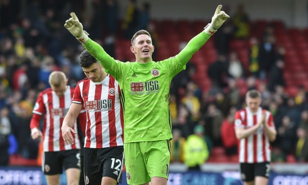 Dean Henderson celebrates Sheffield United’s win over Norwich in their most recent Premier League match. 