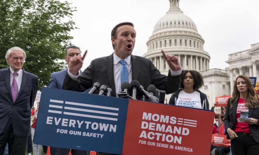 Chris Murphy joined from left by Senator Ed Markey, D-Mass., and Senator Alex Padilla, D-Calif., in Washington two days after the mass shooting in Uvalde.Everytown and Moms Demand are two linked groups originally started by city mayors, backed by then-New York major Mike Bloomberg, campaigning for gun safety laws.