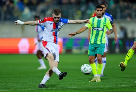 Adam Wharton takes a shot for Crystal Palace against Larnaca.