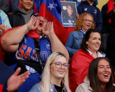 Samoan fans cheer their national anthem during the Women’s Rugby World Cup 2025 Group A match between England and Samoa.