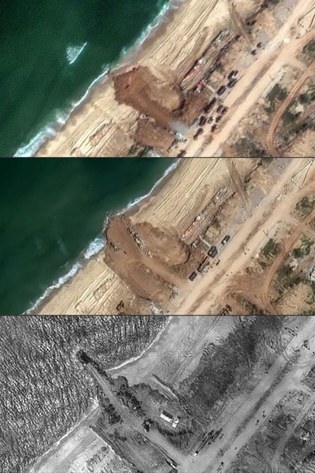 A composite of Maxar Technologies’ satellite images created on 14 March showing the construction of a jetty on a beach in Gaza between 11 and 13 March.