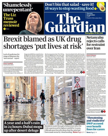 Guardian front page, Thursday 18 April 2024