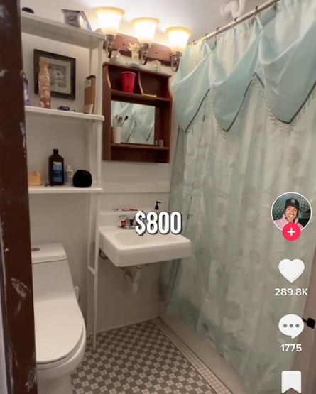 A TikTok frame of a bathroom tagged with a price tag of $800.