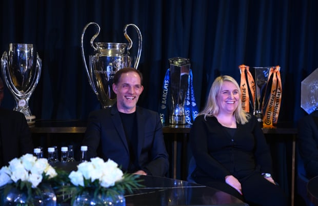 Thomas Tuchel and Emma Hayes with their trophies during the 2021 Ballon d’Or awards.