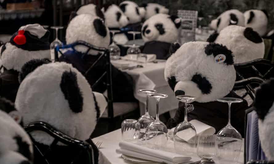The owner of a closed restaurant has placed plush panda bears at the tables in central Frankfurt, Germany