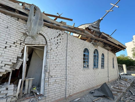 A handout picture taken and released by Ukrainian emergency service shows a destroyed church after Russian missiles struck Zaporizhzhia.
