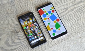 Pixel 3a next to its larger sibling the Pixel 3a XL.
