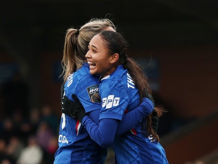 Women’s Super League - Chelsea v West Ham UnitedSoccer Football - Women’s Super League - Chelsea v West Ham United - Kingsmeadow, London, Britain - January 11, 2026 Chelsea’s Alyssa Thompson celebrates scoring their third goal with Johanna Rytting Kaneryd Action Images via Reuters/Paul Childs