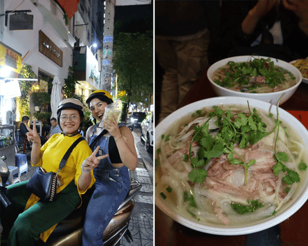 People riding a scooter and bowls of noodle soup