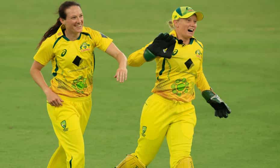 Australia’s Megan Schutt (left) celebrates the dismissal of England’s Lauren Winfield-Hill during the first ODI of the Women's Ashes series.
