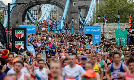 London Marathon runners cross Tower Bridge in 2019