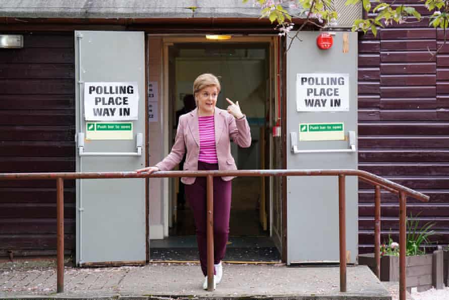 Nicola Sturgeon, Scotland’s first minister, outside the Broomhouse Community Hall polling station this morning.