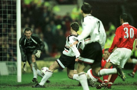 Solskjaer scores his first for United in their 8-1 win over Nottingham Forest.
