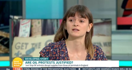 Miranda Whelehan appearing as a representative of the activist group Just Stop Oil on British morning television