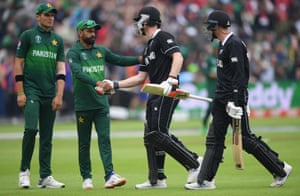 Hafeez shakes hands with Neesham after he finishes on 97 not out.