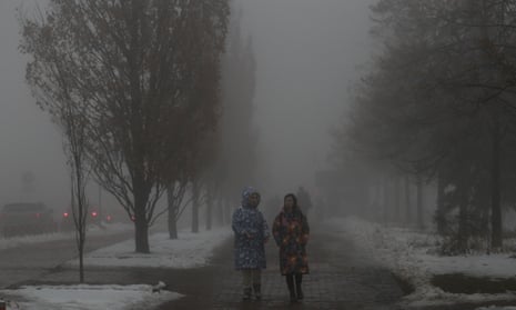People walk along a tree-lined path in thick fog