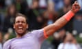 Rafael Nadal celebrates after winning his third-round match at the Madrid Open against Pedro Cachín