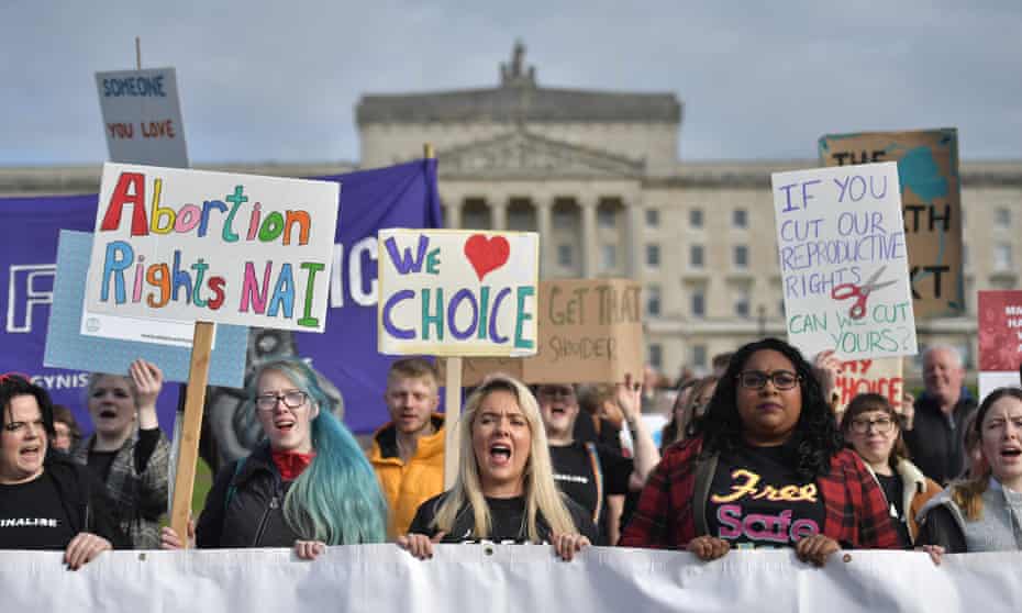 Protesters in Belfast ahead of the meeting of the Stormont assembly that agreed to decriminalise abortion, 21 October 2019.