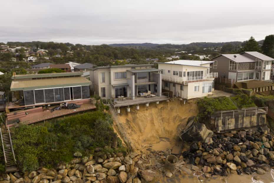 An aerial view of the coastal erosion to local homes in the suburb of Wamberal on July in Central Coast.