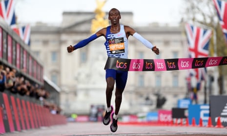 Kelvin Kiptum crosses the finish line in a course-record time to win the London Marathon last year.