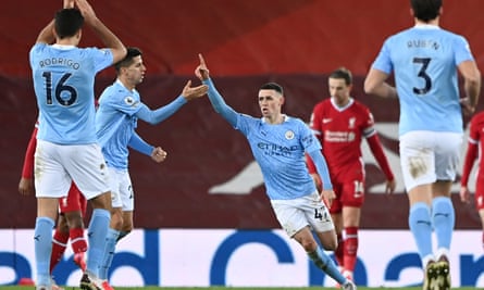 Phil Foden celebrates after scoring Manchester City’s fourth goal against Liverpool at Anfield in February 2021.