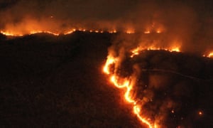 A raging fire in the Amazon rainforest in the state of Tocantins, Brazil.