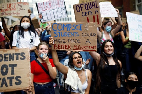 Students protest in Westminster over the government’s handling of A-level results.