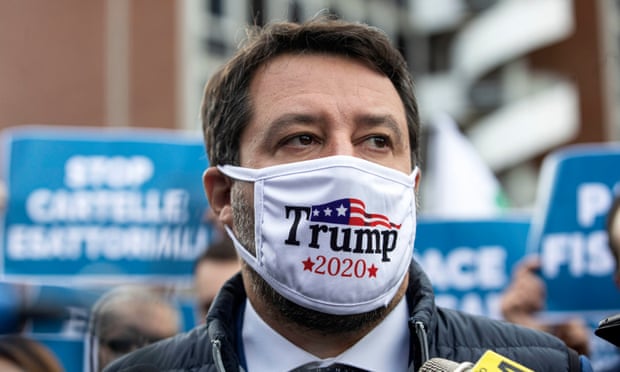 Italy’s Matteo Salvini wearing a ‘Trump 2020’ face mask at a protest in Rome this month