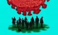 Illustration show the silhouettes of a group of people under the shadow of the coronavirus