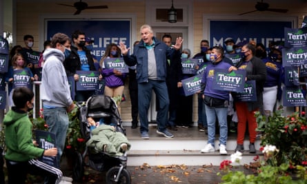 Terry McAuliffe speaks to voters in Falls Church on Tuesday.