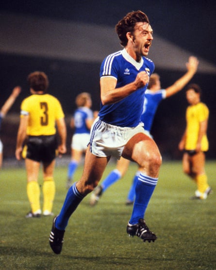 John Wark celebrates after scoring one of his four goals in Ipswich’s win over Aris Thessaloniki in the Uefa Cup first round.