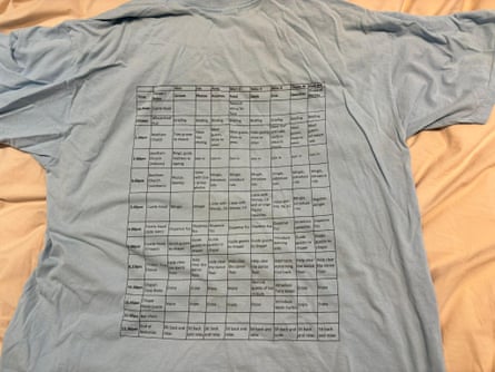 Nick Owen’s wedding T-shirt, with his spreadsheet printed on the back.