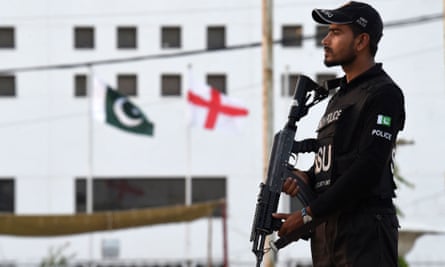 A Pakistani policeman outside the National Stadium in Karachi. The security cost for Pakistan to host England for the first time in 17 years has been significant.