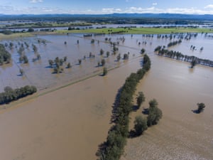 Flooded fields around Oxley Island from the air