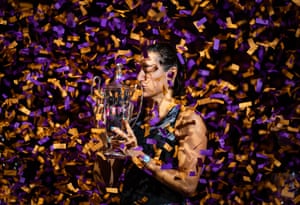 Fort Worth, US. Tennis player Caroline Garcia of France poses with the champions trophy after winning the singles competition at the 2022 WTA Finals in Texas