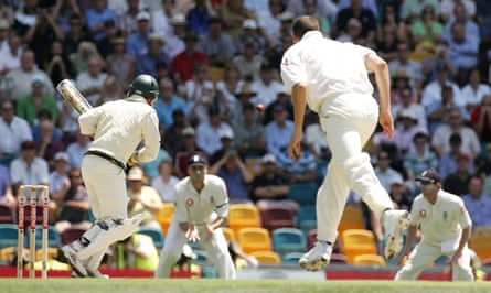 The first ball of the series bowled by Steven Harmison of England to Justin Langer