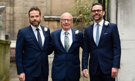 Rupert Murdoch with his sons Lachlan, left, and James, right at St Bride’s church in London in 2016 for his marriage to Jerry Hall. The pair divorced last year.