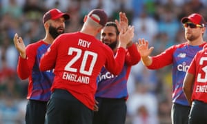 England’s Adil Rashid celebrates taking the wicket of Pakistan’s Sohaib Maqsood, caught by Jason Roy.