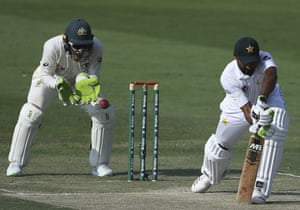 Pakistanâs Bilal Asif misses the ball.