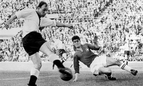 Uwe Seeler in action against Switzerland in the World Cup finals in Santiago, Chile in 1962.
