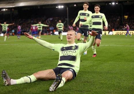 Erling Haaland of Manchester City celebrates after scoring the team’s first goal from the penalty spot.