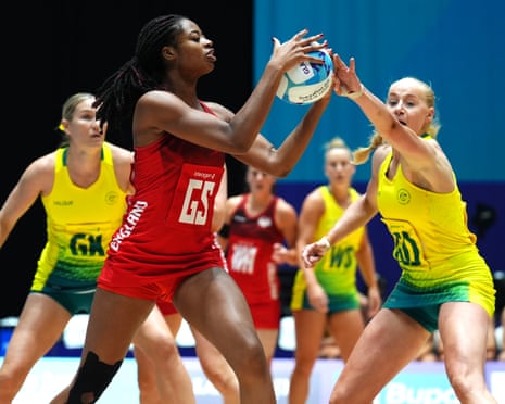 England’s Olivia Tchine in action during the netball bronze-medal game against Australia.