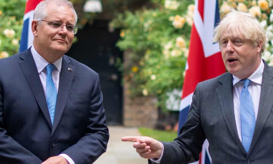 Scott Morrison with British prime minister Boris Johnson during a trip to the UK in June.