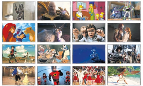 multiple TV screens showing Disney+ content including Toy Story, Star Wars, Avengers and more