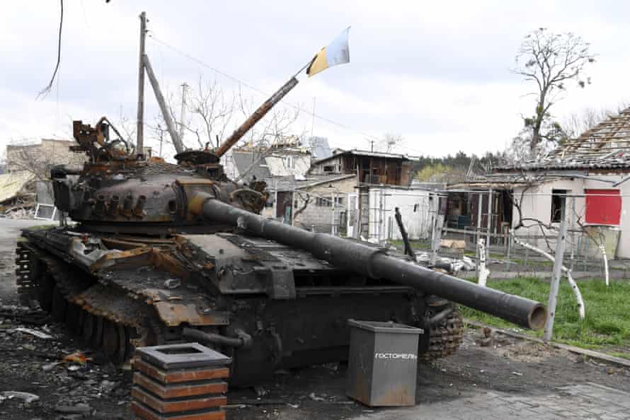 A burned Russian armoured vehicle in Bucha, Ukraine.