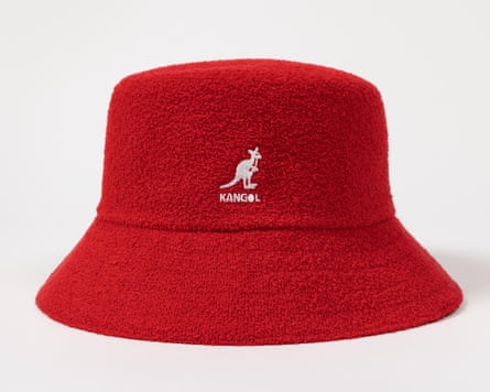 red fuzzy bucket hat with kangol kangaroo logo