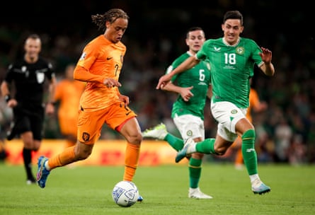 Netherlands’ Xavi Simons runs with the ball