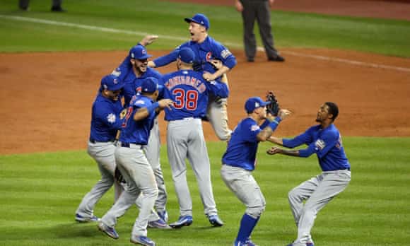 Chicago Cubs players celebrate after defeating the Cleveland Indians in game seven of the 2016 World Series at Progressive Field, Cleveland.